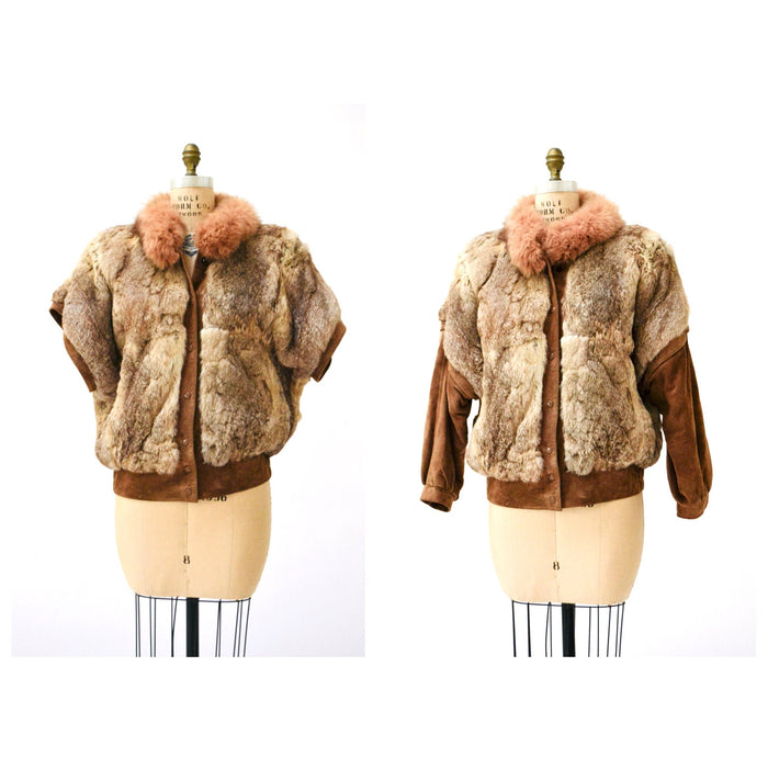 70s 80s Vintage Fur Vest Jacket Brown Rabbit Coyote Fur Jacket Coat Medium Tan// Vintage Fur Vest Leather Jacket Removable Sleeves Jacket
