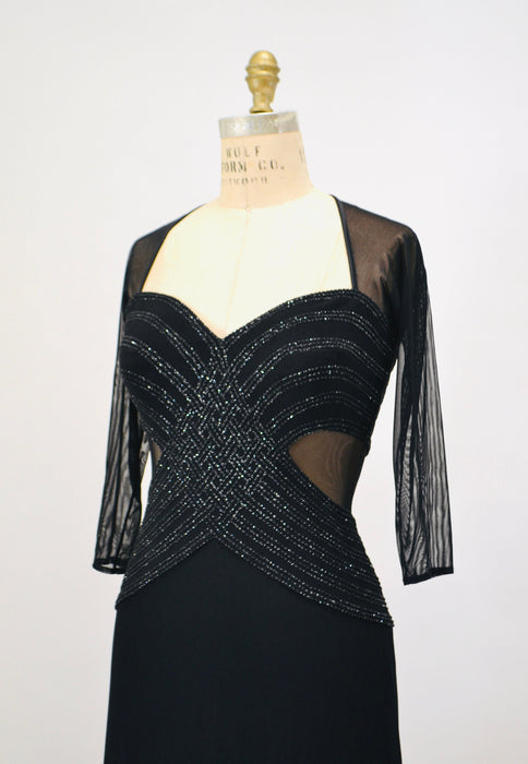 90s Vintage Black Metallic Evening Gown Prom Dress Illusion Dress Small // Black 90s Mesh Cut out Dress Bondage Dress Small Medium Tadashi