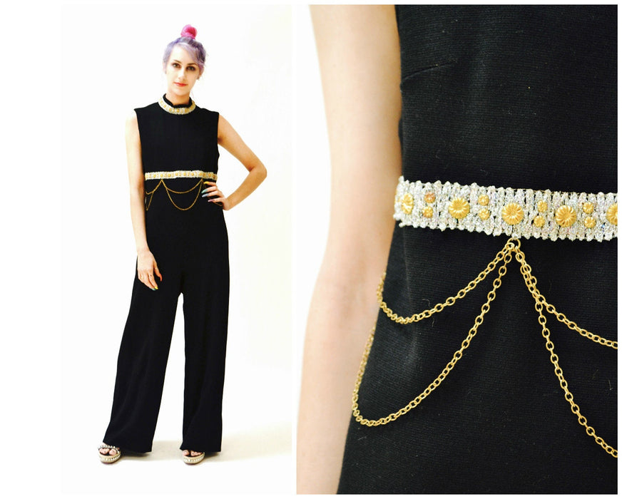 70s Vintage Black Jumpsuit Medium Large Metallic Gold Knit By Ricky Ann// 70s Vintage Jumpsuit Pantsuit Black Metallic Chain Trim