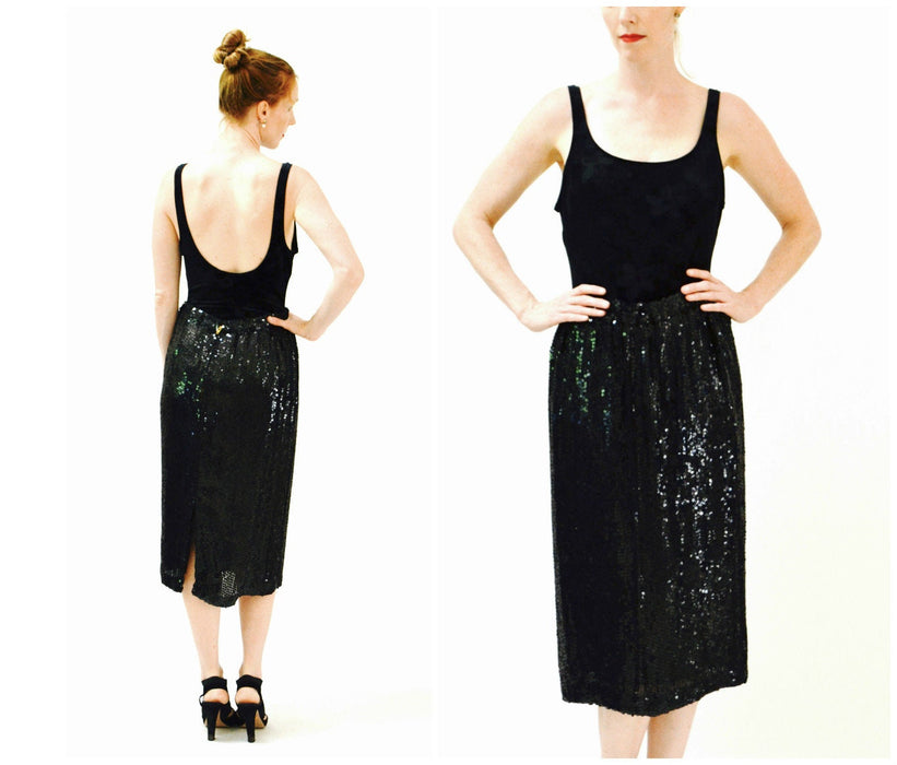 Vintage Black Sequin Skirt Size Medium Large 80s 90s Vintage Sequin Skirt
