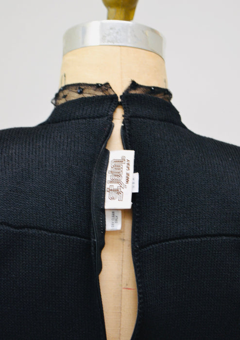 80s Vintage St John Dress Black Knit Dress By St John Rhinestone Mesh Knit Long Sleeve Dress // 80s Black Sweater Knit Party Dress XS Small