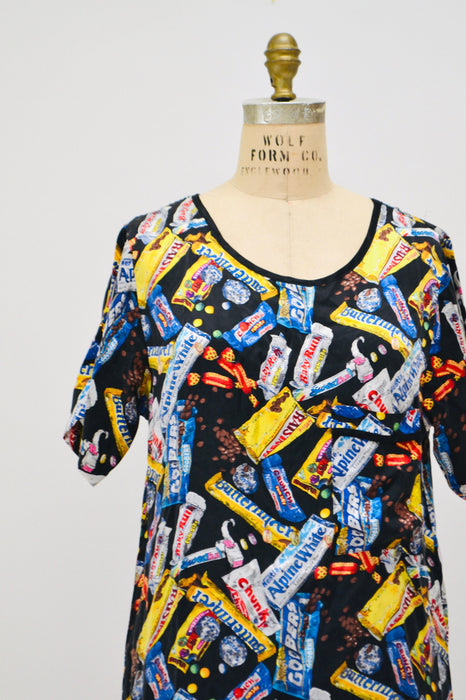 90s Vintage Nicole Miller Silk Shirt Size Large with Chocolate Candy Bar Food Print// 90s Pop art Conversational Print Silk Shirt