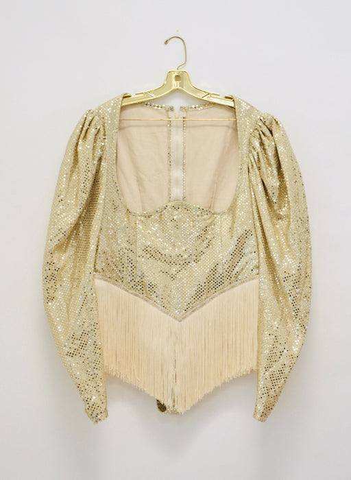 90s Gold Topless Fringe Bodysuit for Burlesque Drag queen thong Vintage Gold Metallic Party festival Fringe Bodysuit Showgirl Costume Large