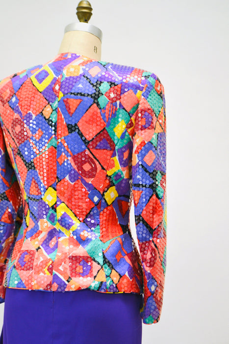 80s 90s Vintage Sequin Jacket Suit and Skirt By Lillie Rubin Abstract Rainbow Print Sequin Suit Medium large 80s Power Suit Sequin Jacket