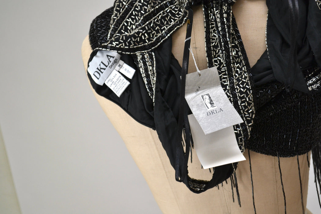 90s Vintage Black Silver Beaded Fringe Showgirl Dress Small Medium // 90s Black Silver Beaded Tank Dress Party Fringe Dress Flapper Dress