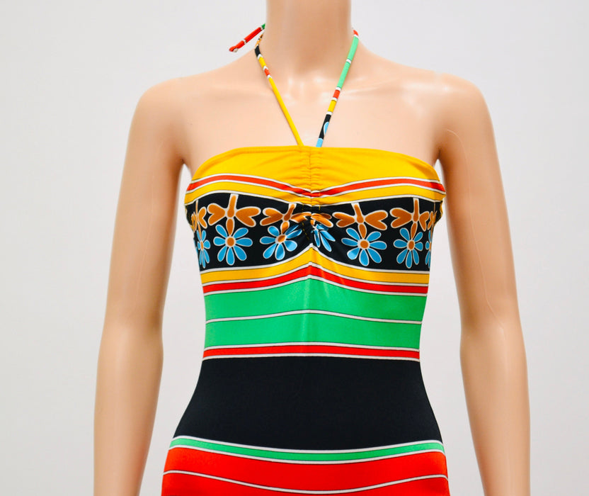 Vintage 70s 80s Swimsuit XS SMALL one Piece Halter neck Strapless Swimsuit Striped Floral Print Red Yellow Black Swimsuit Saks Fifth Avenue
