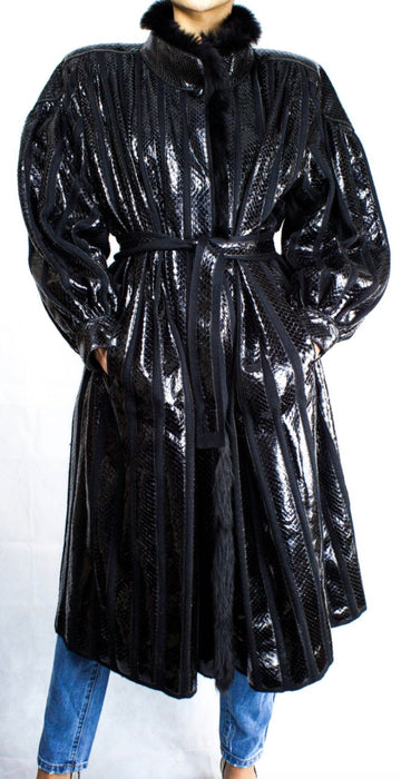 Vintage 80s Beltrami Black Snakeskin Fox Fur Coat Jacket Medium Large Made in Italy Vintage Designer Black Fur Snakeskin Coat Jacket Wool
