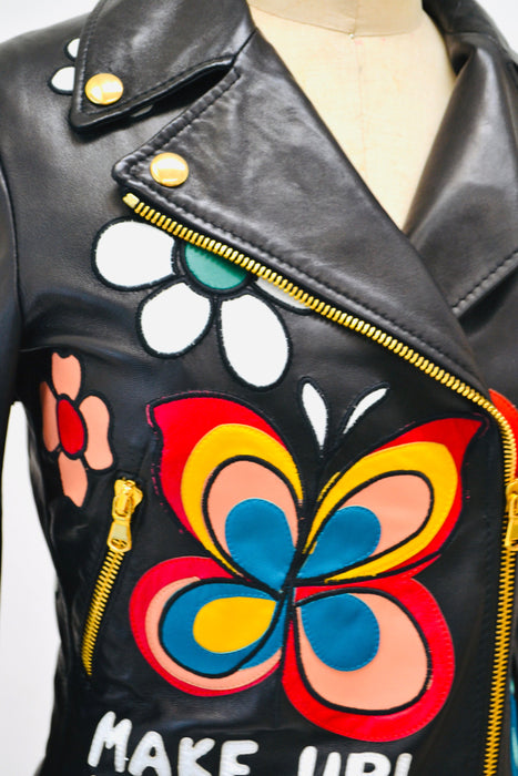 2000s Black Leather Jacket by Moschino with Fringe Make love Not War Heart Flowers Peace Small Medium// Black Leather Biker Fringe Jacket