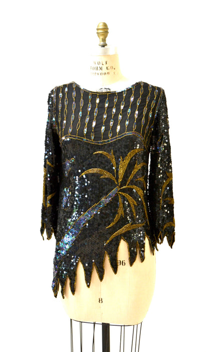 Vintage Metallic Sequin Shirt Black Art Deco Flapper Inspired Gold Palm Tree // 80s Vintage Beaded Shirt Top Black Sequins Small