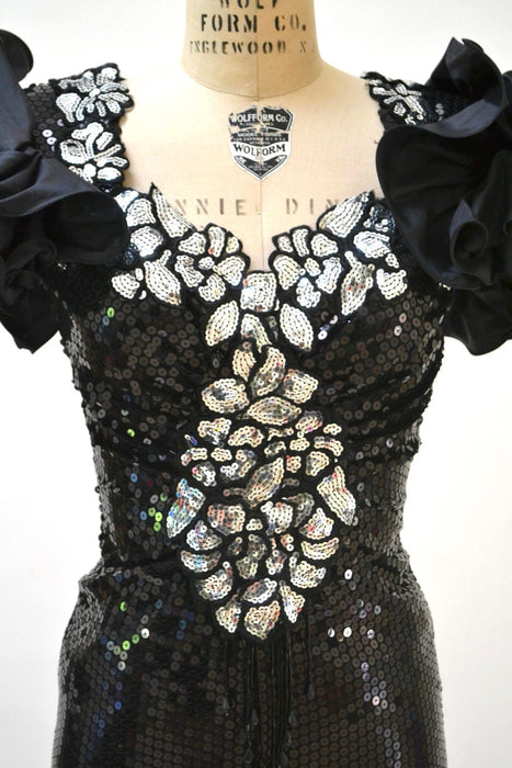 80s Vintage Black Prom Dress Sequin Dress Evening Gown 80s Small Medium// 80s Pageant Dress Black Sequins Fringe Drag Queen Alyce Designs