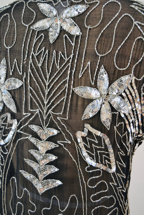 70s 80s Glam Vintage Black Silver Sequin Top Shirt Small Medium Art Deco Flapper Disco Inspired Metallic Sequin Top Silver Black Silk