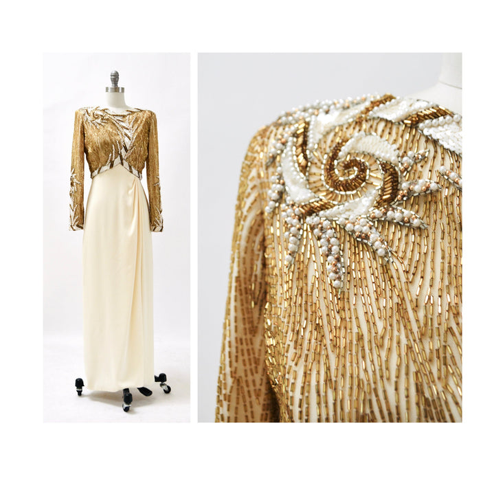 80s 90s Vintage BOB MACKIE White Cream Beaded Gold Sequin Gown Dress Size Small// Vintage Wedding Gown Beaded Long Sleeve Pageant Dress