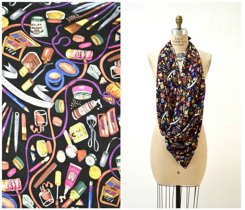 VIntage Nicole Miller Silk Scarf with Makeup Lipstick Stylist// Extra Large Silk Scarf with beauty lipstick makeup Fashion Print