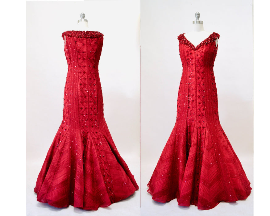 Vintage Red Sequin Beaded Dress Evening Gown dress Escada XS Small// Vintage Couture Red Rhinestone Black Tie Ball Gown Silk Dress Escada XS