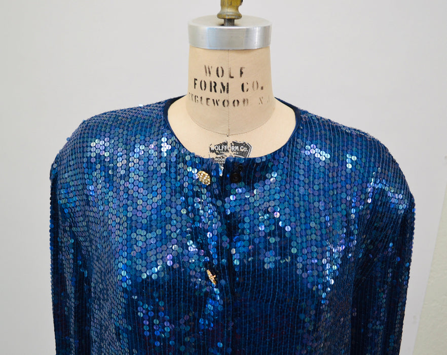 80s 90s Glam Vintage Blue Iridescent Sequin Jacket Large Blue Metallic Gold Rhinestone Buttons Jacket Sequin Jacket Jeanette Kasetenberg