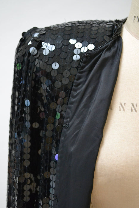 Vintage Black Sequin Jacket Small Medium// Black Silk Sequin Metallic Jacket 80s Trophy Sequin Jacket Small Medium