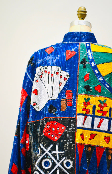 80s 90s Vintage Las Vegas Casino Sequin Jacket Large by JUST FABULOUS Cards Slot Machine Poker Las Vegas Pop Art Beaded Sequin Jacket Large
