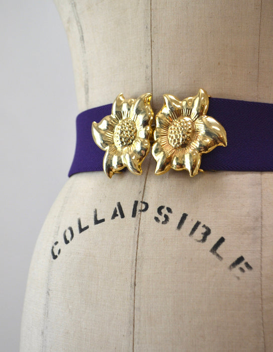 80s 90s Vintage Gold Flower Belt Buckle Purple Stretch Elastic Belt Gold Flower Metal Belt Small Medium Large XL Purple Flower Wedding Belt