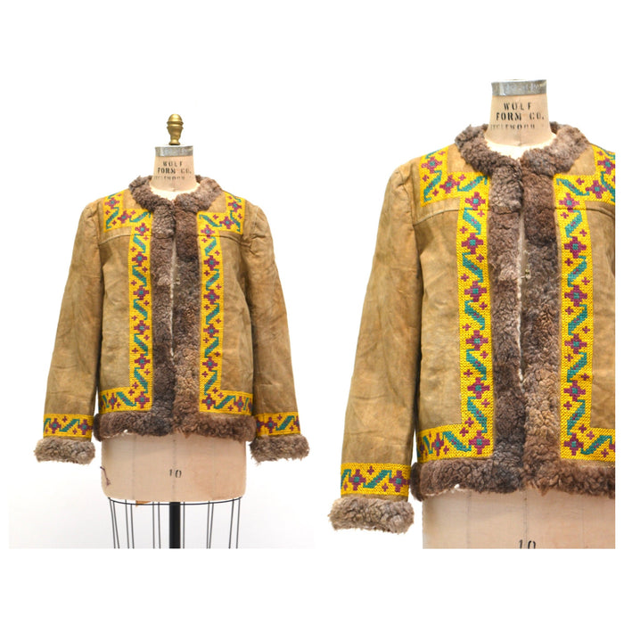 60s 70s Vintage Embroidered Shearling Afghan Jacket Penny Lane Small Medium// 70s Shearling Coat Suede Leather Fur Embroidered Jacket Small