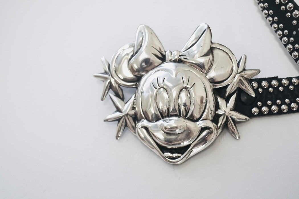 90s Vintage Minnie Mouse Disney Belt Buckle Katherine Baumann Beverly Hills  Silver Black Studded Belt Cartoon Disney Silver Minnie Belt