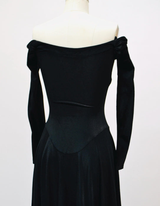 90s Vintage Black Velvet Dress Betsey Johnson XS Small //  90s Party Dress Knit Velvet Black dress Long Sleeve Skater Off the Shoulder