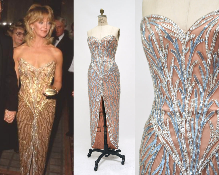 80s 90s Vintage Silver Cream Blue Beaded Sequin Gown Dress Small Medium By Bob Mackie Silk// Vintage Wedding Gown Sequin Strapless Beach