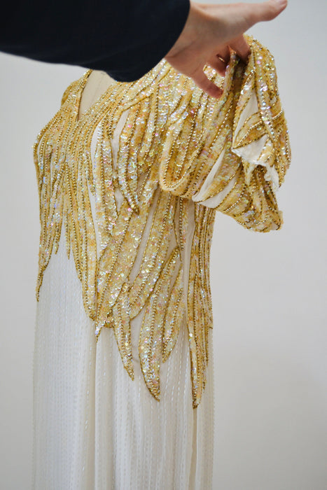 80s 90s Vintage Cream Sequin Beaded Gown Dress Medium Pageant Dress// 80s Vintage Wedding Gown Cream White Beaded Long Dress Sleeve Gown