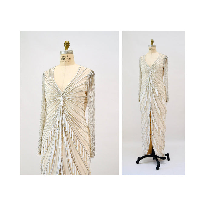 80s 90s Vintage Silver White Cream Beaded Gown Dress Medium Large By Bob Mackie Silk// Vintage Wedding Gown Beaded Fringe Art Deco Gown