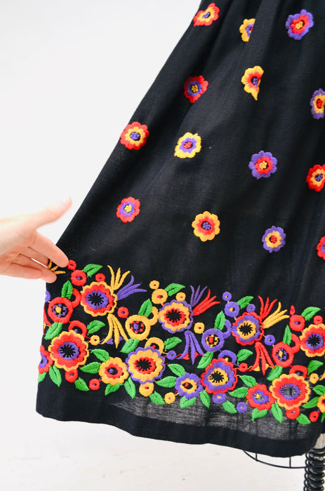 70s 80s Vintage Embroidered Boho Shirt Skirt Dress Set Small Black Cotton Floral Boho Shirt Skirt Embroidered Floral Dress Sara Fredericks