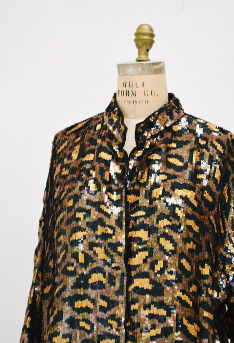 80s 90s Vintage Sequin Jacket Black Small Medium Large Leopard Cheetah Animal Pattern// Glam Vintage Black Sequin Jacket Animal Modi Medium