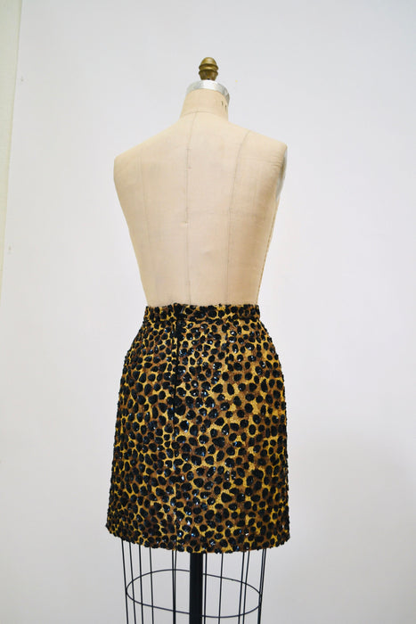 90s Vintage Metallic Sequin Skirt Size Small Animal Leopard Cheetah Print By Jeanette // 90 Vintage Black Sequin Party Skirt Size Small
