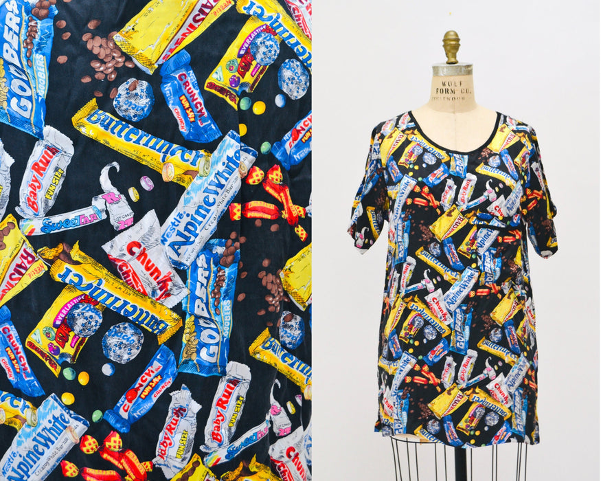 90s Vintage Nicole Miller Silk Shirt Size Large with Chocolate Candy Bar Food Print// 90s Pop art Conversational Print Silk Shirt