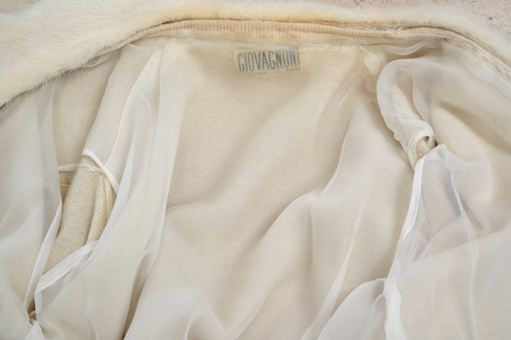 50s Vintage Cream Mink Fur Collar Beaded Cardigan Sweater Rhinestone Buttons Small Medium Vintage Wedding Fur Collared Cashmere Cardigan