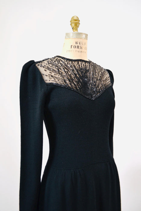 80s Vintage St John Dress Black Knit Dress By St John Beaded  Knit Long Sleeve Dress // 80s Black Sweater Knit Party Dress Small Medium