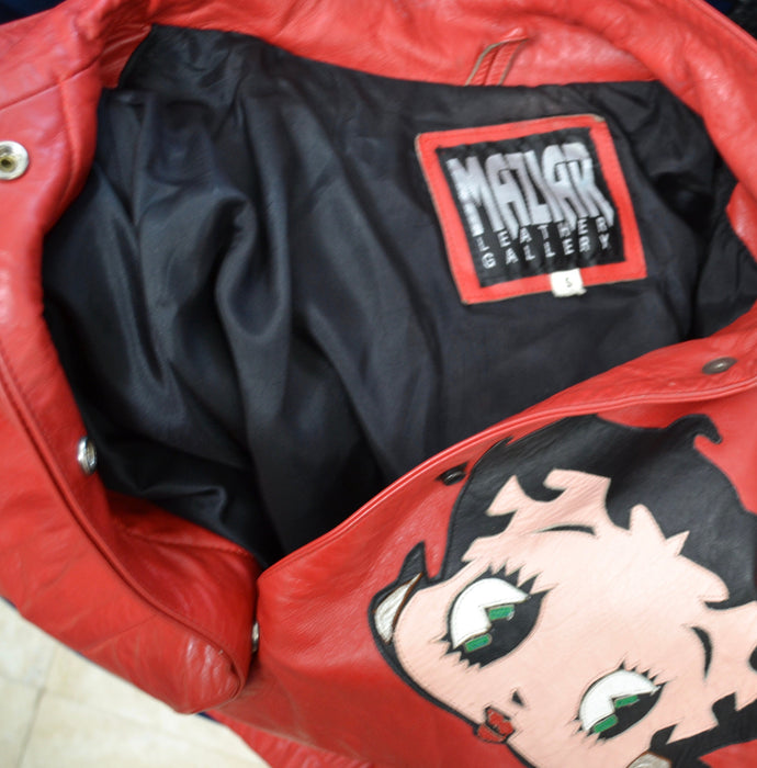 80s 90s Vintage Red Leather Jacket with Betty Boop Jacket// 90s 80s Red Leather Biker Jacket Betty Boop Comic Cartoon Small Medium Maziar