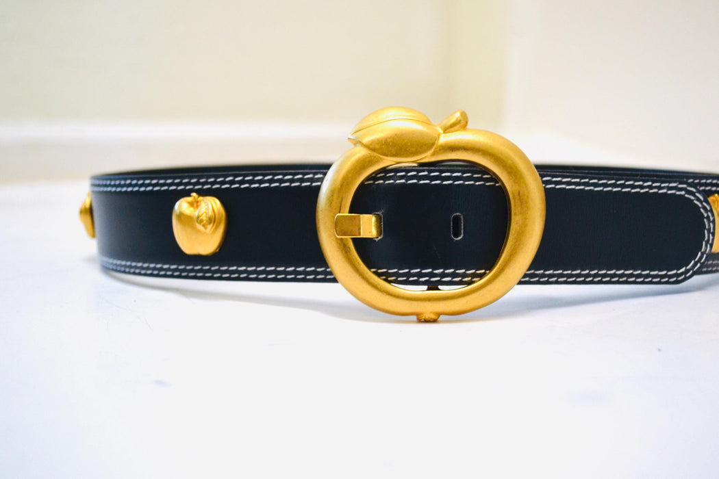 80s 90s Vintage ESCADA Apple Belt Gold Metallic Navy Blue Leather Belt size 40 Medium Large 80s Glam Navy Gold Belt Apple Fruit Teacher