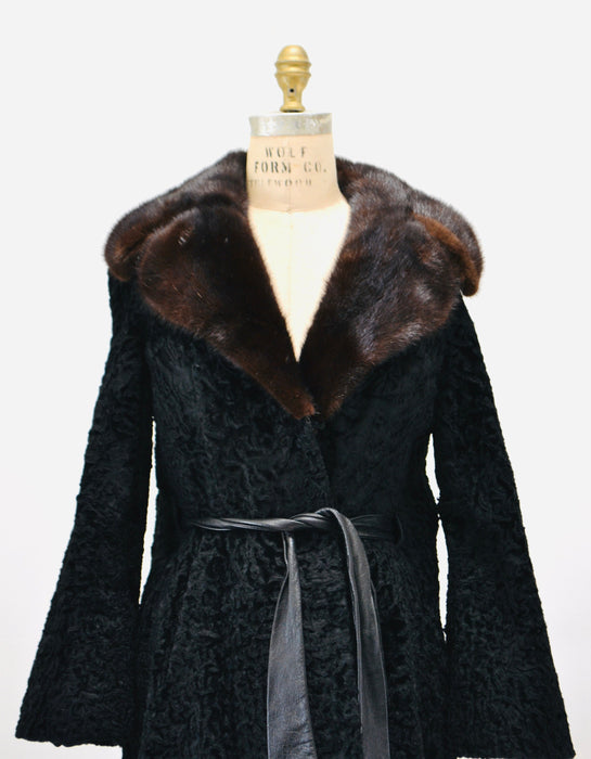 Vintage Black Persian Lamb Mink Fur Collar Coat Jacket Black Brown Broadtail leather Belted Jacket Trench Small Medium By Galleries Furs