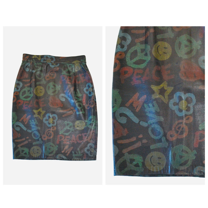 Vintage Moschino Leather Skirt Love peace Music smiley face XS Small Vintage Black Leather Skirt Painted Love Peace Music Moschino Pop art