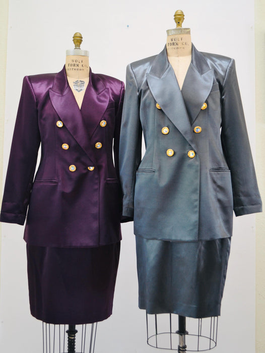 90s Vintage Gray Pewter Satin Jacket Blazer Suit Skirt Dark Grey Blazer 80s 90s Glam Power Suit Medium Criscione 90s Suit Rhinestone buttons