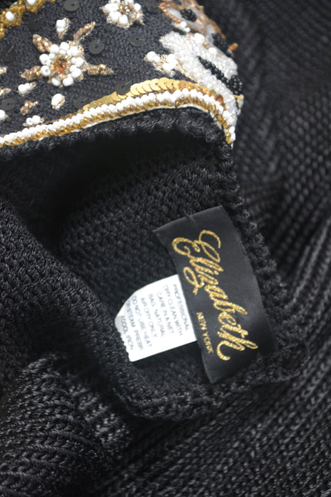 80s 90s Glam Vintage Black Gold Beaded Sequin Sweater Small Medium By Elizabeth New York Black Gold Metallic Beaded Sequin Pull Over Jumper