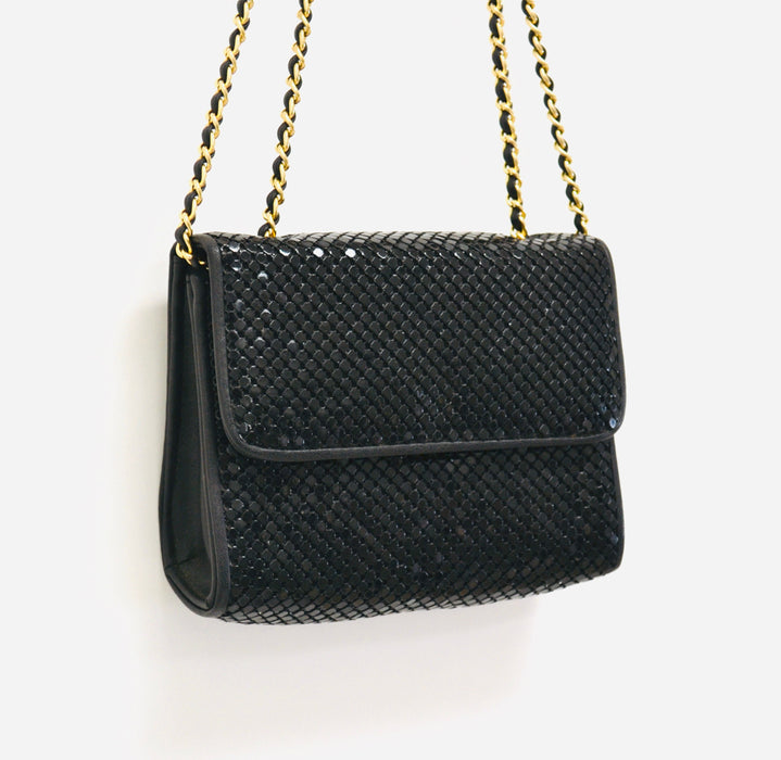 80s Vintage Black Evening Bag Purse Black Metallic Metal Whiting and Davis // Vintage Black Mesh Gold Chain Metallic Purse Small Evening Bag