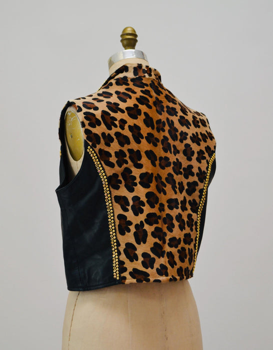 80s 90s Vintage Studded Black Leather Animal Print Vest Gold Leather Vest By Kippys XL Large Gold Studded Animal Print Black Leather Vest