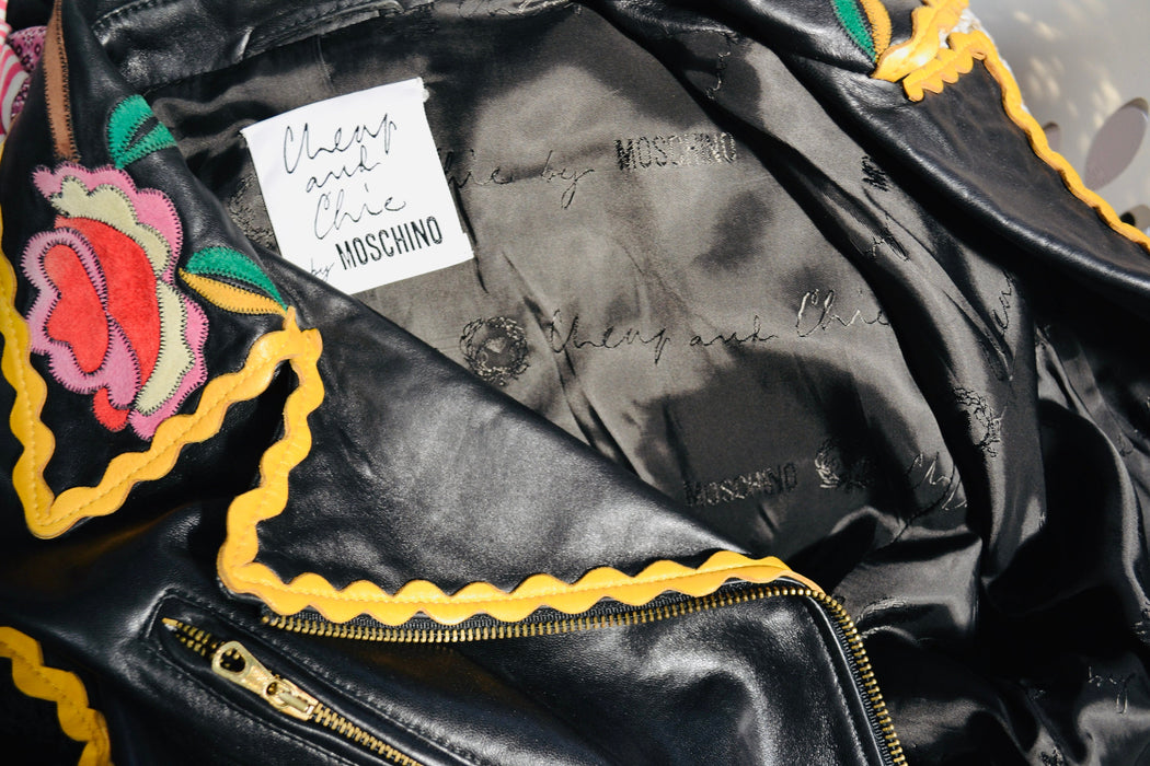 Vintage 90s Black Leather Jacket by Moschino Cheap & Chic with Fringe Red Roses Flowers Small Medium// Black Leather Biker Jacket Fringe