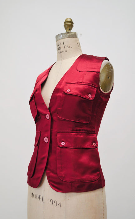 80s 90s Vintage Red Burgundy Satain Vest Medium by Gianfranco Ferre Vest Red Satin Cargo Vest Designer vintage Womens Red Gilet Vest Small