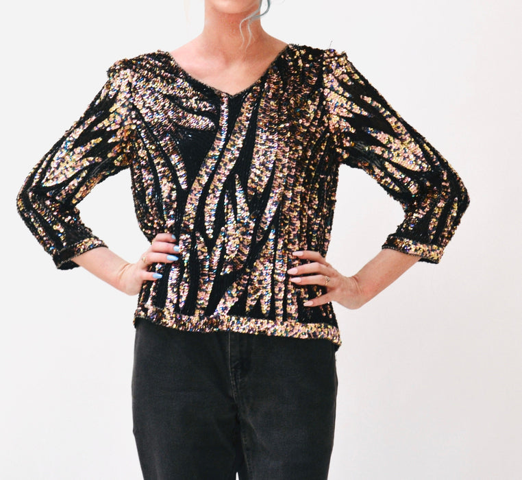 Vintage 80s Metallic Sequin Zebra Shirt Small Medium Black Gold// Vintage 80s Disco Glam Sequin Shirt Gold Black Zebra Stripe Iridescent