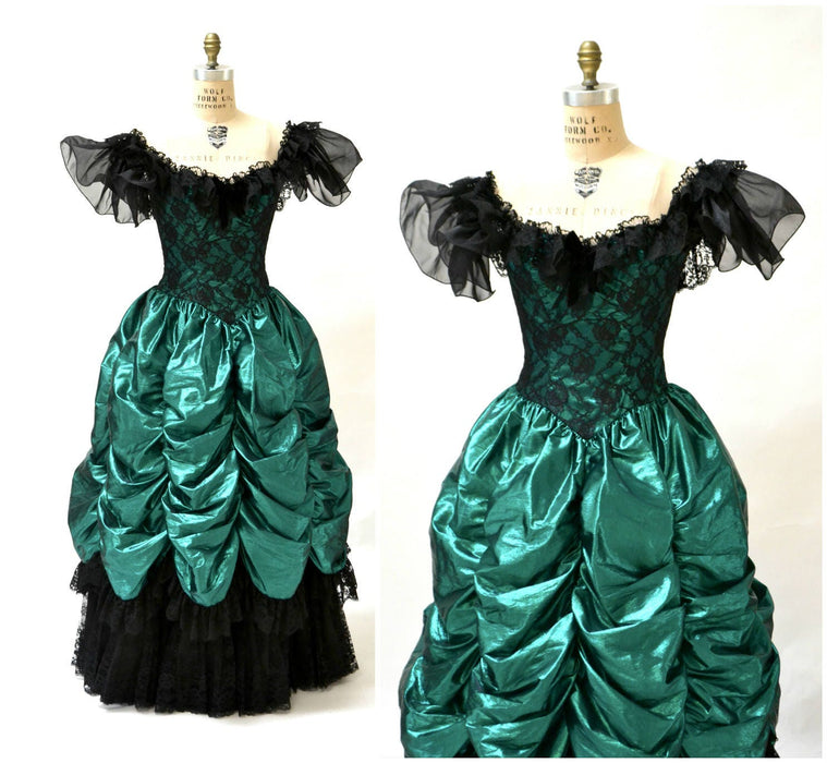 Vintage 80s Prom Dress Ball Gown XS Small Metallic Green Black// 80s Metallic Party Dress Green Black Lace Southern Bell Pageant Loralie