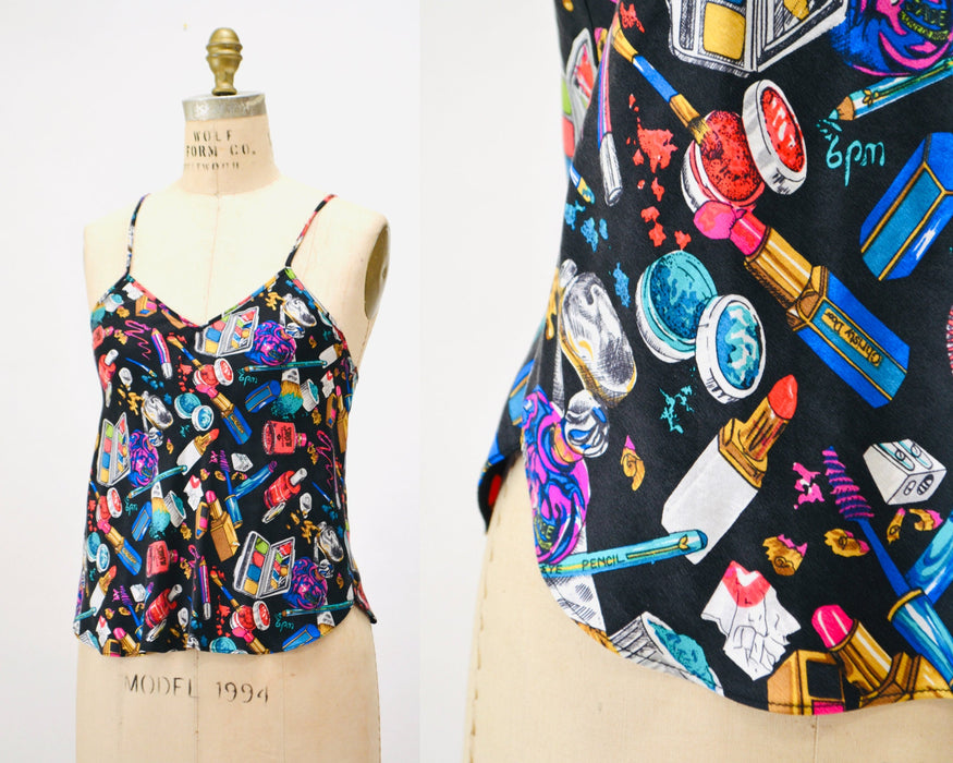 90s Nicole Miller Vintage Silk Tank Top Make UP Lip Stick Cosmetologist Print Small Medium // Vintage Silk Cami lingerie Make up Print
