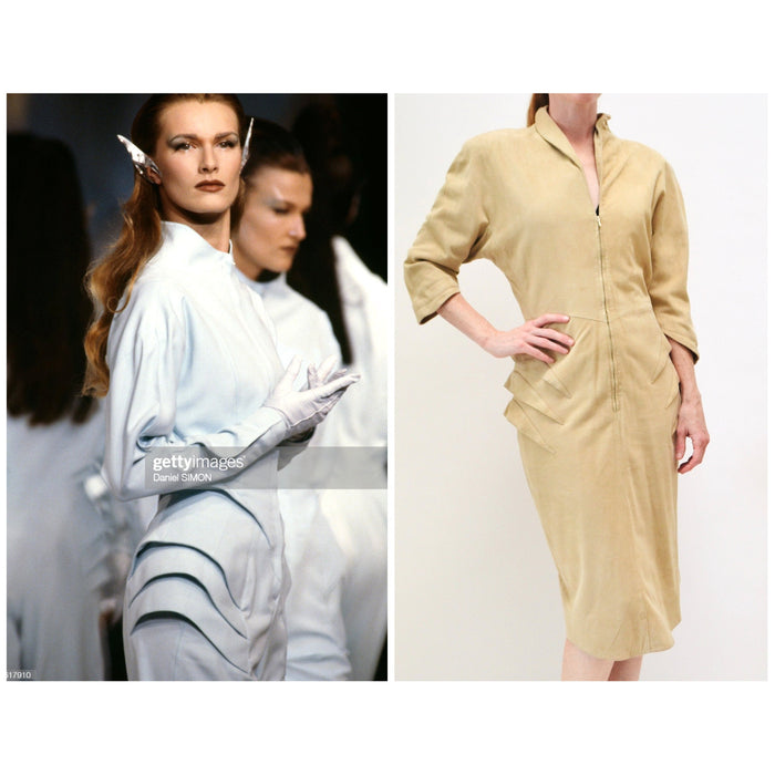 80s 90s Vintage Thierry Mugler Leather Dress Spring Summer 1989 Thierry Mugler Paris Tan Sueded Leather Dress Small Medium 24 Woman Dress
