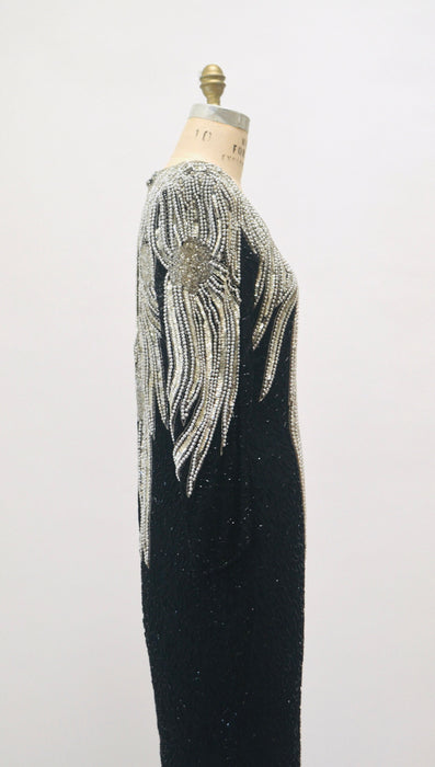 70s 80s GLAM Vintage Black Silver Beaded Sequin Evening Gown Small Medium // 80s 90s Pageant Drag Queen Black beaded Dress Gown Small Medium