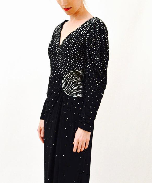 80s Vintage Black Evening Gown With Rhinestones Long Sleeves Medium Large by Rose Taft// Vintage Black Dress Metallic Pageant Dress Gown